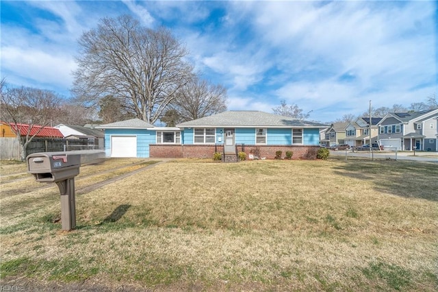 ranch-style house with a garage, brick siding, fence, a residential view, and a front lawn