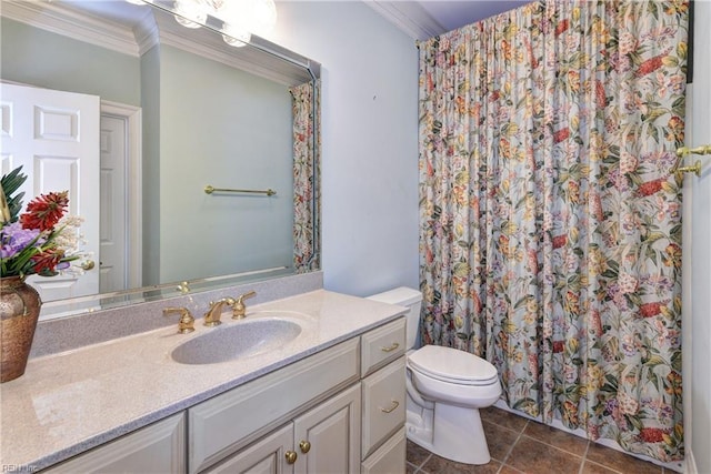 full bathroom featuring ornamental molding, vanity, toilet, and tile patterned floors