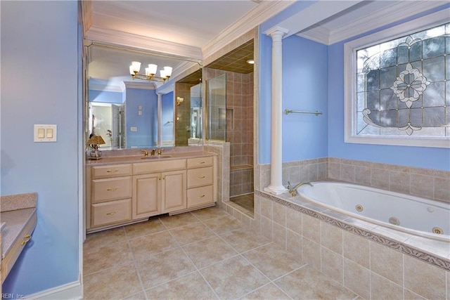 bathroom featuring a tub with jets, tile patterned floors, crown molding, ornate columns, and a shower stall