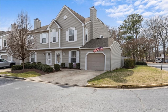 view of front of home featuring a garage, concrete driveway, a chimney, and a front yard