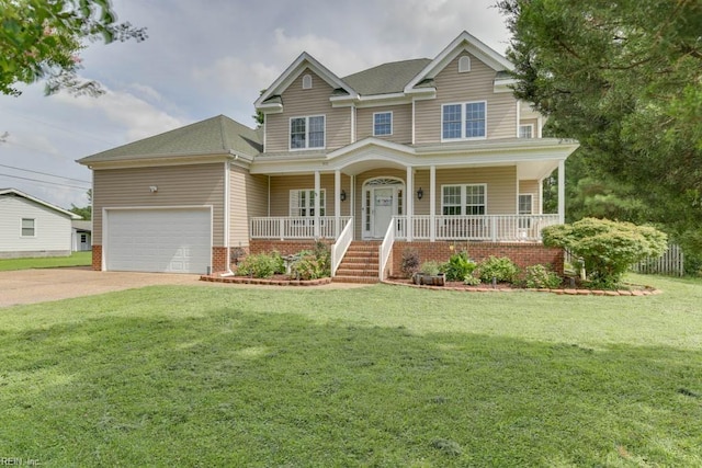 craftsman-style home featuring driveway, covered porch, an attached garage, and a front yard