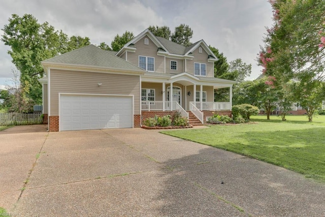 craftsman house featuring brick siding, covered porch, concrete driveway, a front yard, and a garage