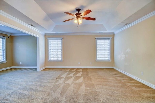 carpeted spare room featuring ornamental molding, a raised ceiling, and a healthy amount of sunlight