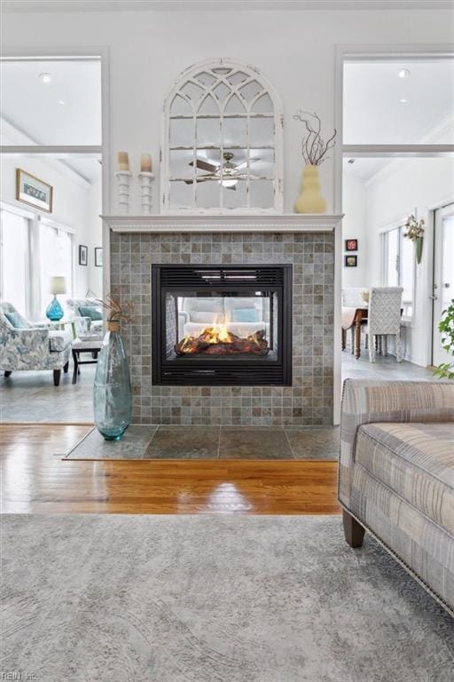 living area featuring a fireplace and wood finished floors