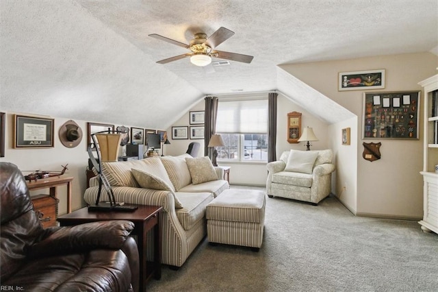 bedroom featuring carpet, vaulted ceiling, a textured ceiling, ceiling fan, and baseboards