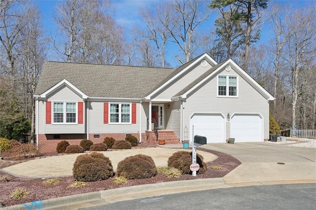 view of front of house featuring a garage, driveway, a shingled roof, and crawl space