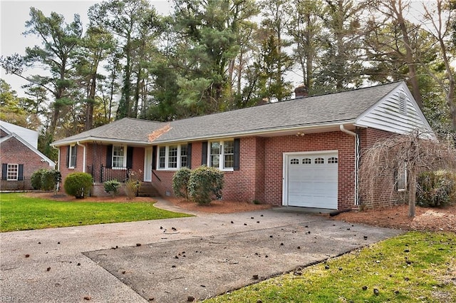 ranch-style house featuring brick siding, roof with shingles, a chimney, concrete driveway, and a garage