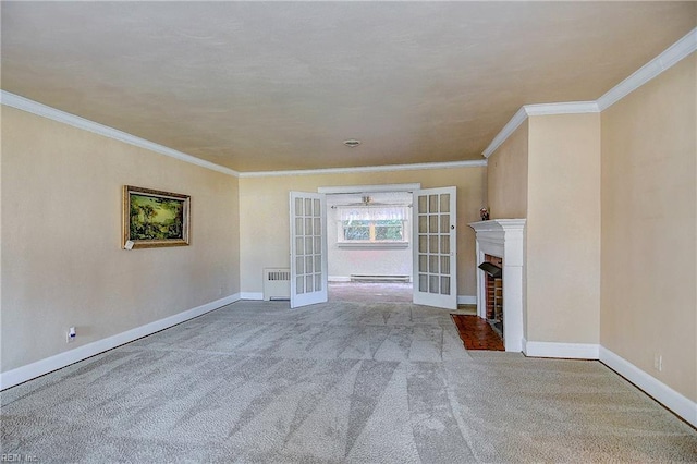 unfurnished living room with a fireplace with flush hearth, baseboards, french doors, radiator, and carpet