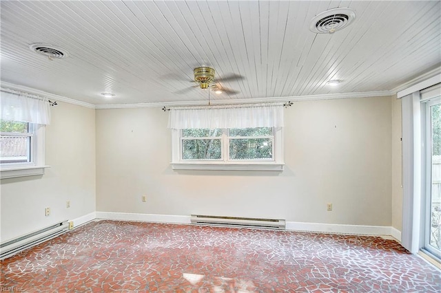 empty room featuring a baseboard radiator, visible vents, and crown molding