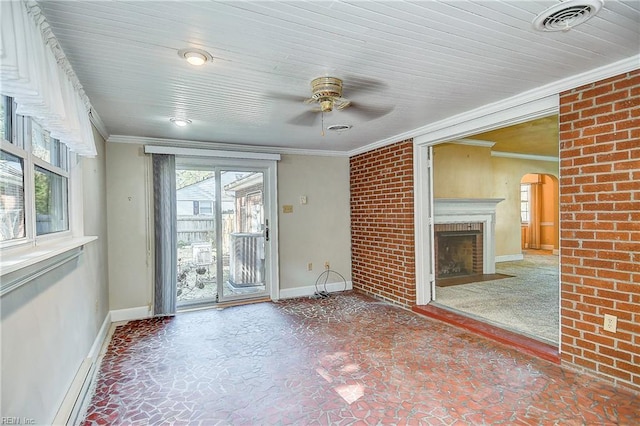 interior space featuring arched walkways, a fireplace with flush hearth, visible vents, baseboards, and crown molding