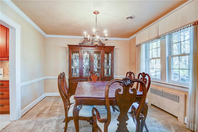 dining space featuring a notable chandelier, crown molding, light colored carpet, and radiator