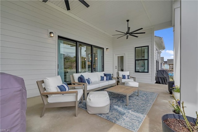 view of patio / terrace featuring a ceiling fan and outdoor lounge area