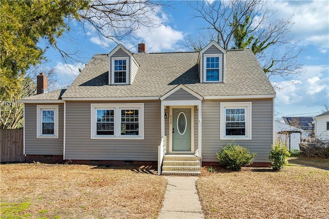 cape cod home featuring crawl space, a chimney, fence, and roof with shingles