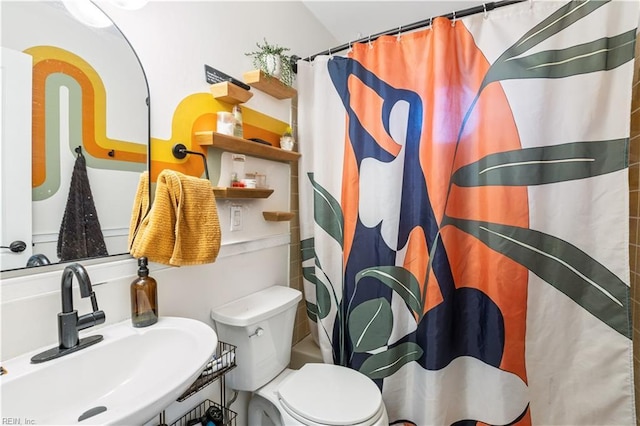 bathroom featuring toilet, a sink, and a shower with shower curtain