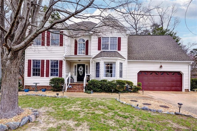 view of front facade featuring a garage, crawl space, roof with shingles, and driveway