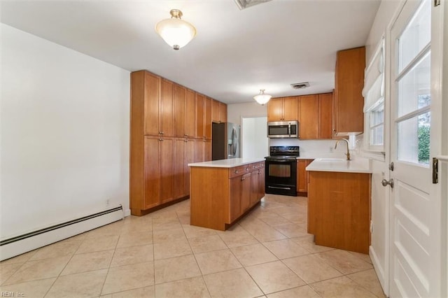 kitchen featuring a kitchen island, brown cabinets, baseboard heating, stainless steel appliances, and a sink