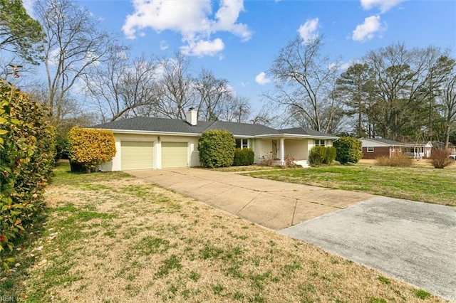 ranch-style home featuring a garage, driveway, stucco siding, a chimney, and a front yard