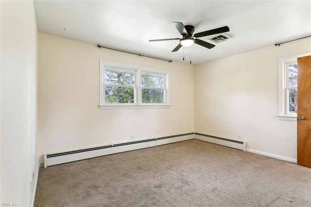 spare room featuring visible vents, a baseboard heating unit, a ceiling fan, carpet flooring, and baseboards