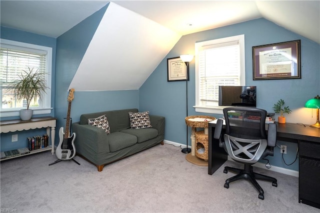 office area with lofted ceiling, carpet floors, a wealth of natural light, and baseboards