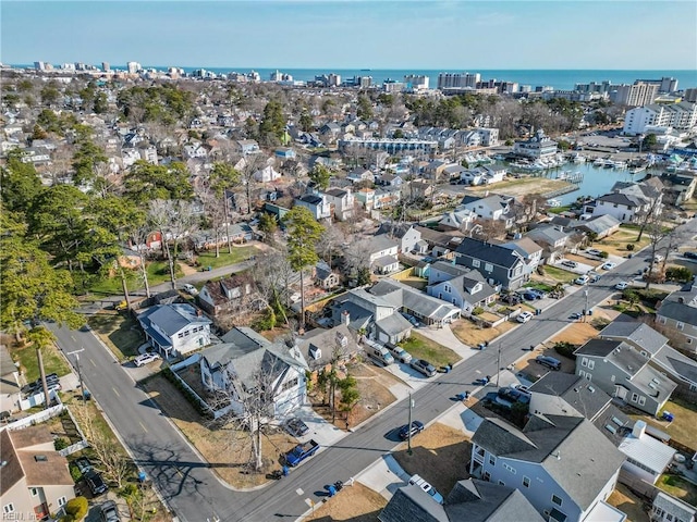 aerial view featuring a water view