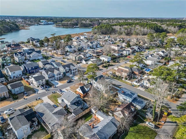 aerial view featuring a water view and a residential view
