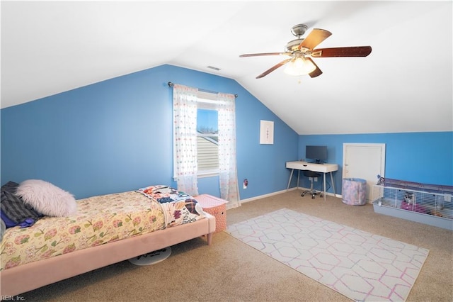 carpeted bedroom with visible vents, baseboards, ceiling fan, and vaulted ceiling