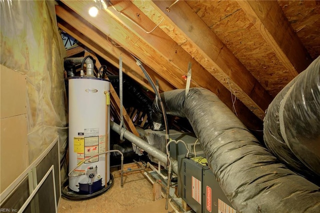 unfinished attic with gas water heater