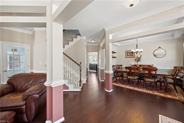 interior space featuring stairs, baseboards, dark wood-style floors, and crown molding