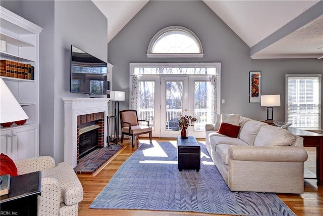 living room featuring french doors, a healthy amount of sunlight, a fireplace, and wood finished floors