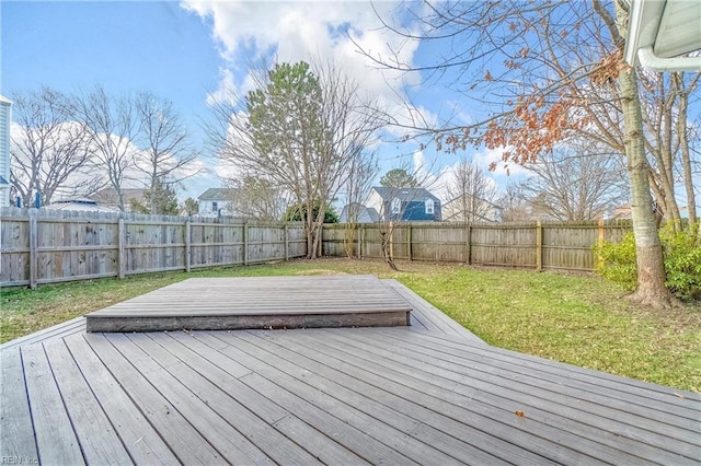 wooden deck featuring a lawn and a fenced backyard