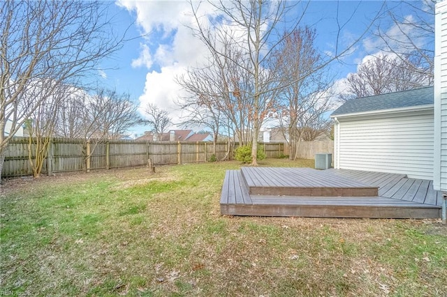 view of yard featuring a wooden deck and a fenced backyard