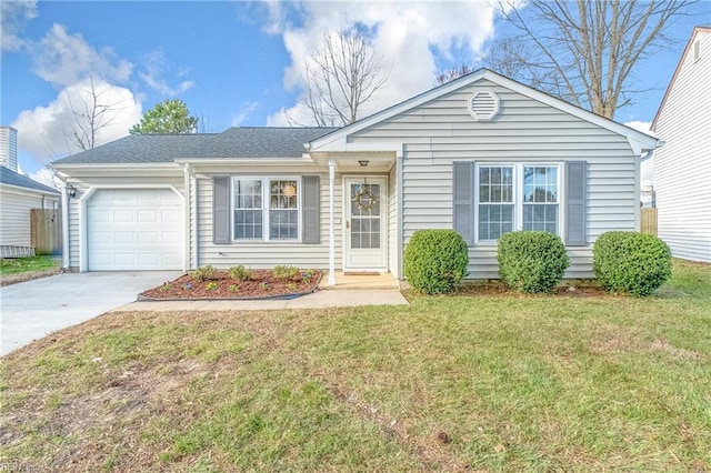 ranch-style house with concrete driveway, an attached garage, and a front yard