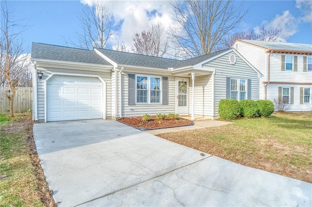 view of front of property featuring fence, driveway, a shingled roof, a front lawn, and a garage