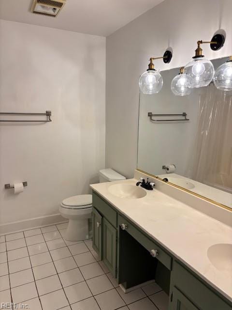 bathroom with double vanity, visible vents, toilet, tile patterned floors, and a sink