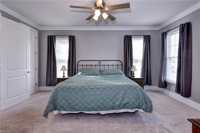 bedroom with light carpet, ornamental molding, and baseboards