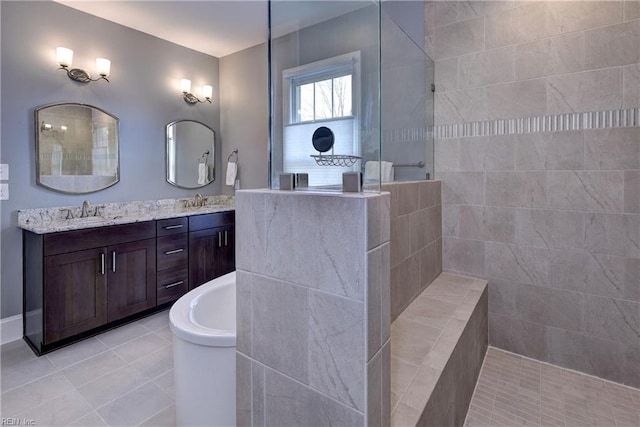 bathroom with a walk in shower, tile patterned flooring, a bathing tub, a sink, and double vanity