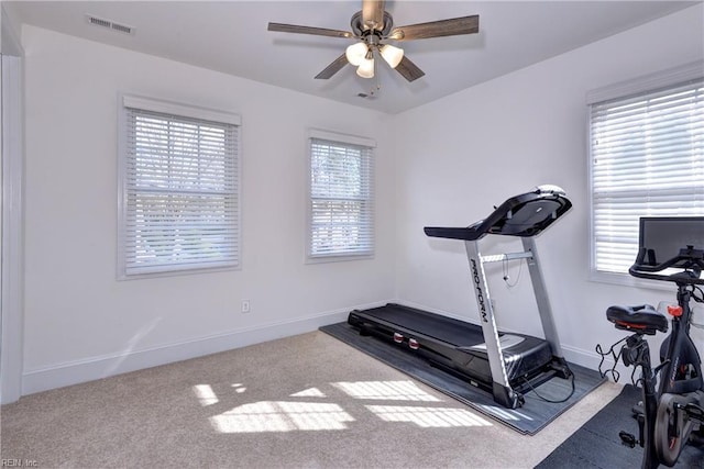 workout area featuring carpet floors, a healthy amount of sunlight, baseboards, and a ceiling fan