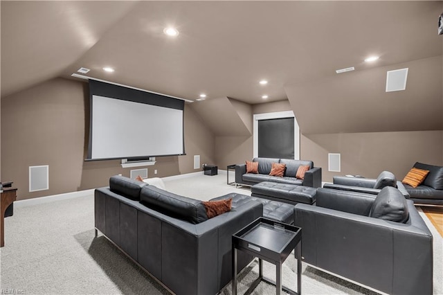 carpeted cinema with recessed lighting, baseboards, lofted ceiling, and visible vents