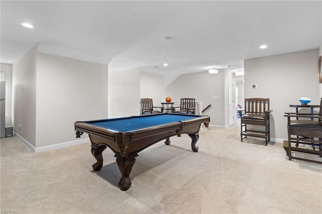 playroom featuring light carpet, baseboards, billiards, and recessed lighting