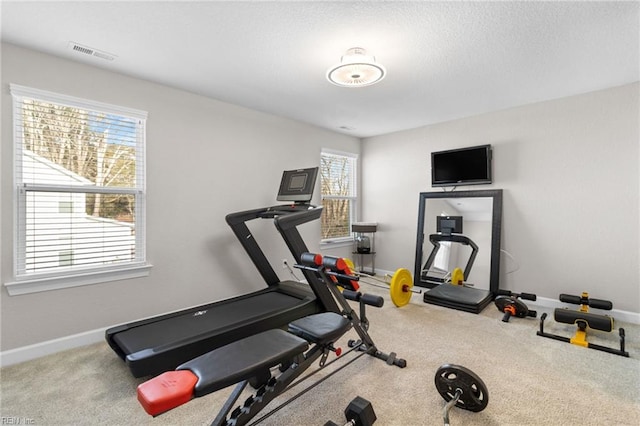 workout area with carpet floors, visible vents, and baseboards