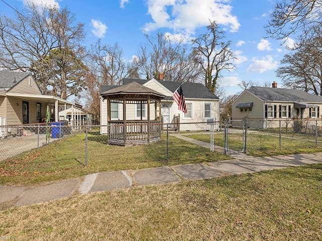 bungalow with a fenced front yard, a front yard, a gate, and a chimney