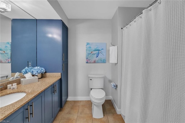 full bath featuring tile patterned flooring, baseboards, vanity, and toilet