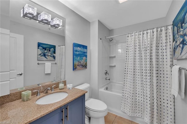 full bath featuring shower / tub combo with curtain, toilet, vanity, and tile patterned floors