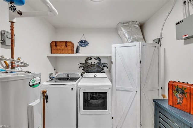 laundry area featuring water heater, laundry area, and washer and clothes dryer