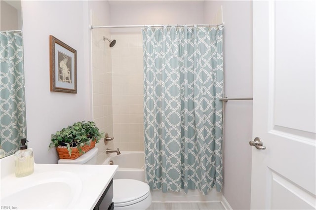 full bath with vanity, toilet, and shower / bathtub combination with curtain