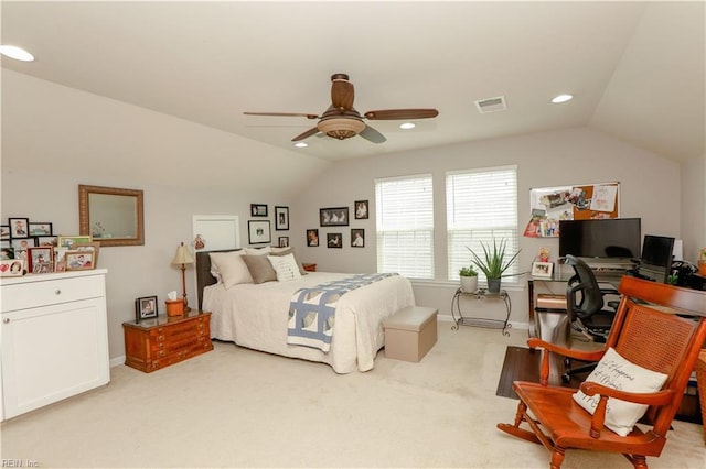 bedroom featuring visible vents, recessed lighting, carpet floors, baseboards, and vaulted ceiling