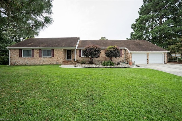 single story home with brick siding, a front yard, crawl space, a garage, and driveway