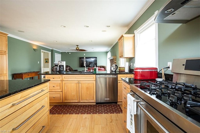 kitchen featuring appliances with stainless steel finishes, a peninsula, extractor fan, crown molding, and light wood-style floors