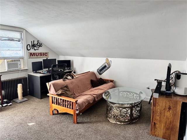 interior space featuring a textured ceiling, cooling unit, carpet flooring, vaulted ceiling, and radiator heating unit