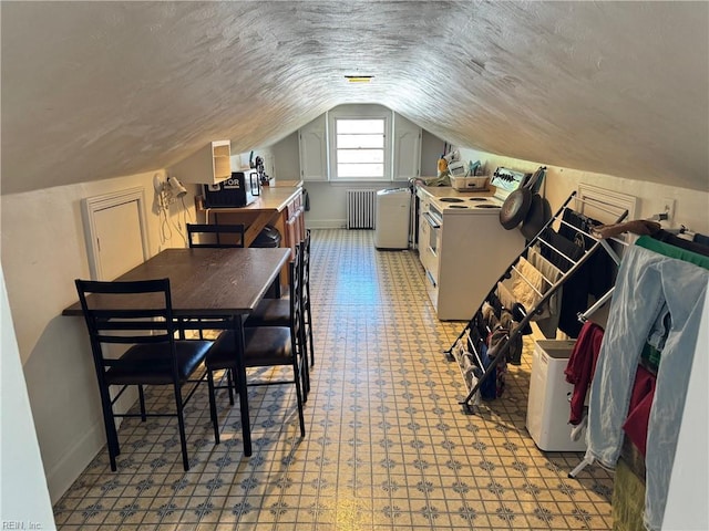 bonus room featuring washer / clothes dryer, vaulted ceiling, a textured ceiling, and radiator heating unit